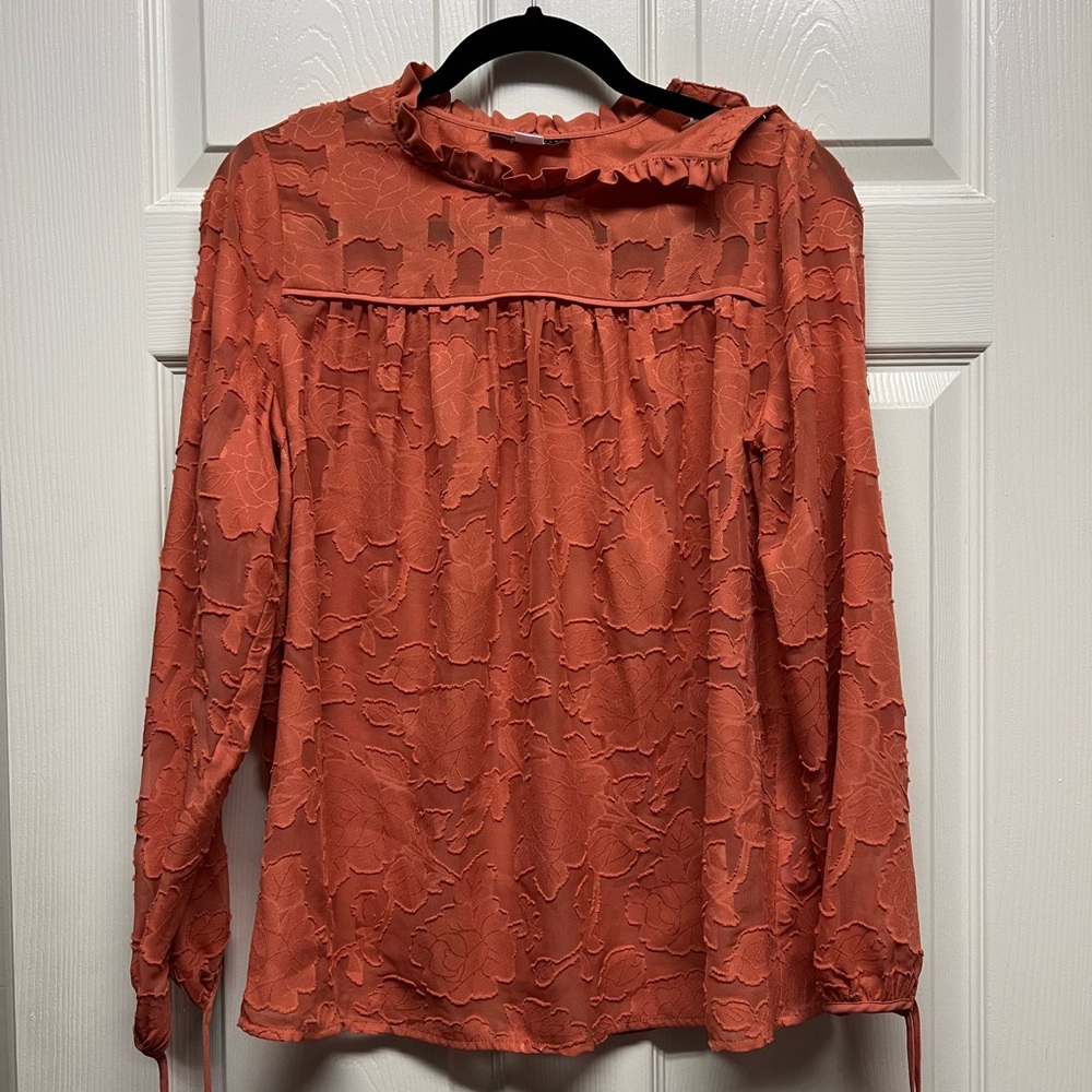 SIMPLY STYLED by SEARS burnt orange blouse size Medium. Semi sheer